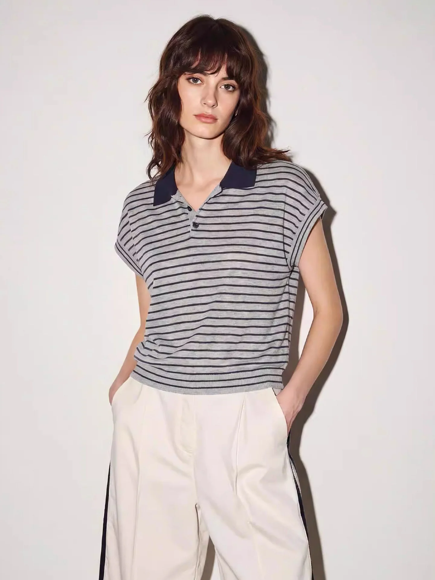 

Spring Summer Short Sleeve Knitted T-Shirt Women's Turn-down Collar Striped Design Trendy Age-reducing Top Korean Style Loose...