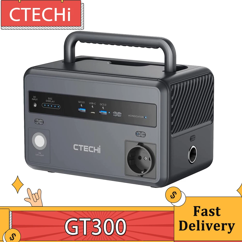 CTECHi GT300 300W Portable Power Station, 299Wh LiFePO4 Battery Solar Generators, 5 Outputs, Built-in MPPT Regulator