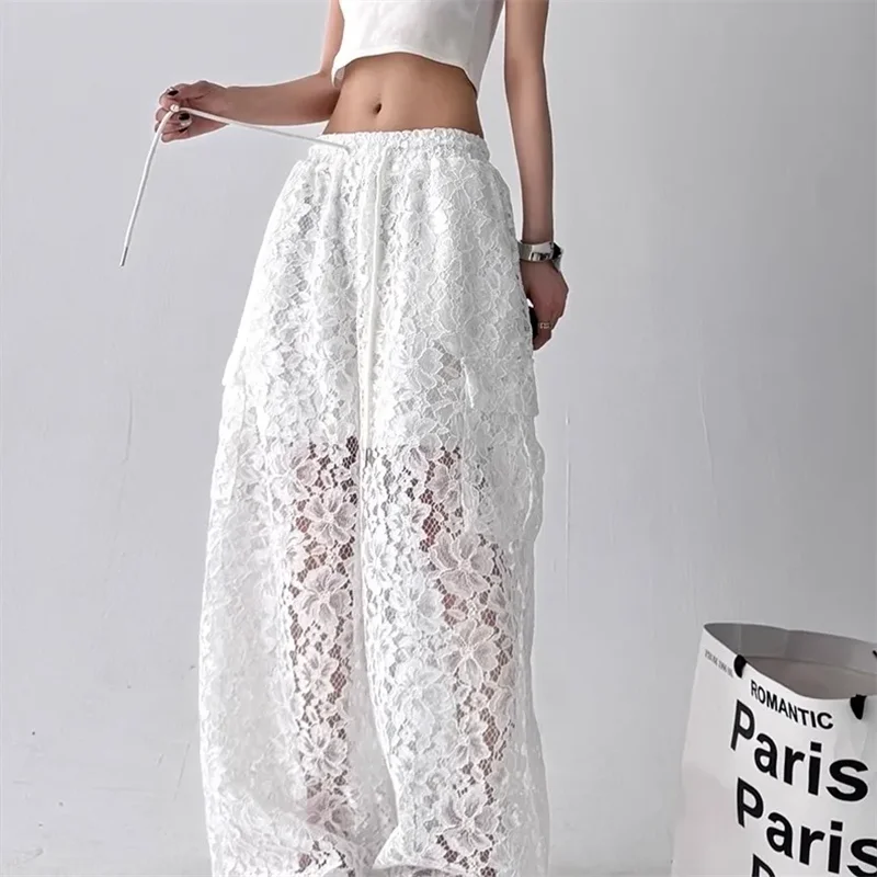 Spring Summer Wide-Leg Pants Women 2026 New Fashion Loose Casual Large Size Hollow Out Pure Colour Pant Female