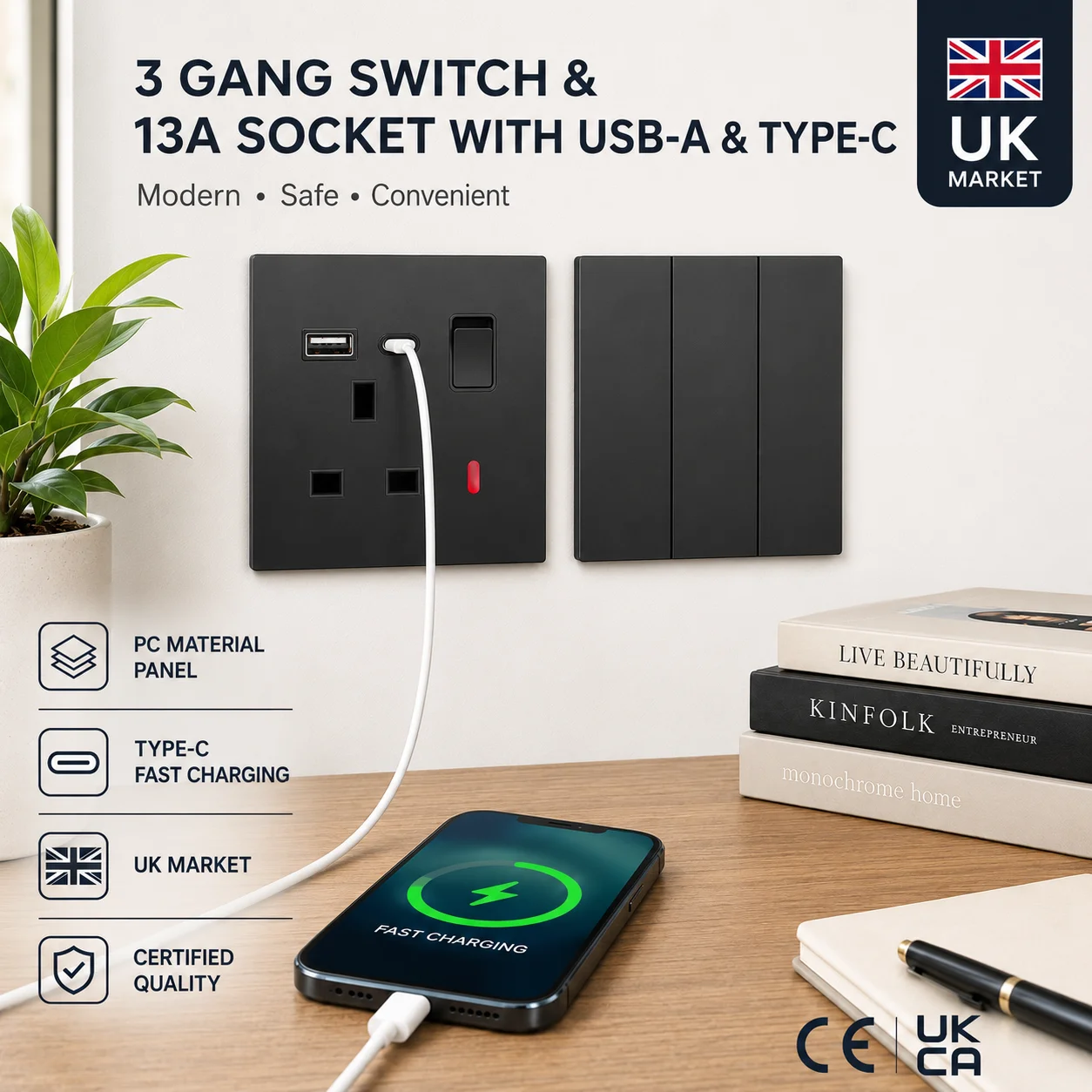 Black UK Standard Wall Socket Switch Panel Type-C 18W Fast Charging 13A Usb 3.1A Wall Socket, Universal Dual 3-pin Power Outlet view 2