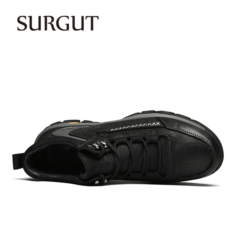 SURGUT Men\'s Winter Boots Warm Plush Men\'s Snow Boots Quality Leather Waterproof Men Sneakers Outdoor Men Hiking Boots Work