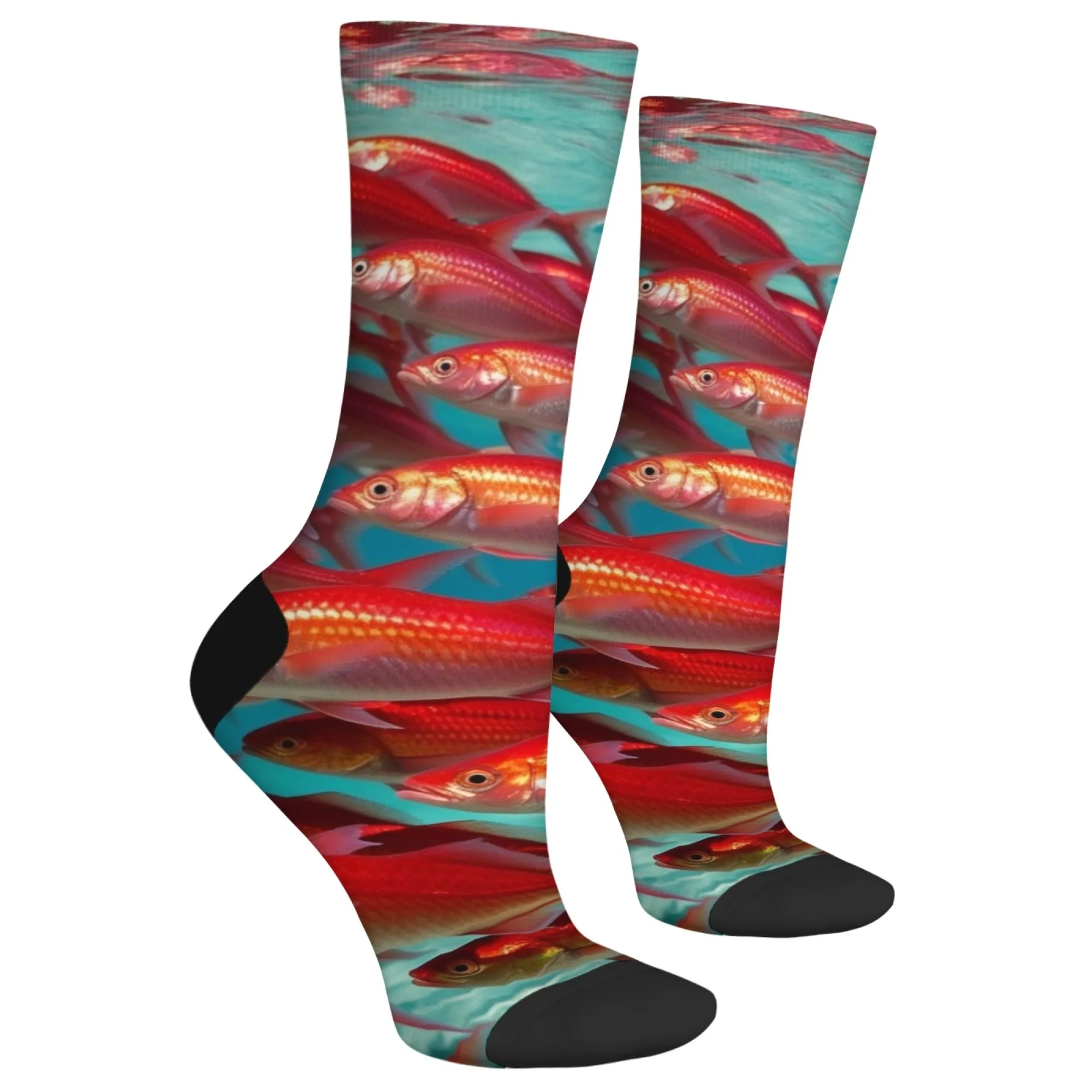 Trendige Red Fish School Herren-Crew-Socken im Hip-Hop-Stil, Aqua-Druck, perfektes Geschenk für Streetwear-Enthusiasten und Pop-Kultur-Fans