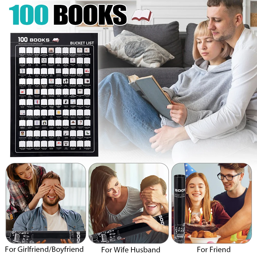 100 كتابًا ملصقًا للخدش يجب قراءتها على الإطلاق قائمة دلو كبيرة قراءات جدار الفن كتاب عشاق هدية للرجال والنساء القراء