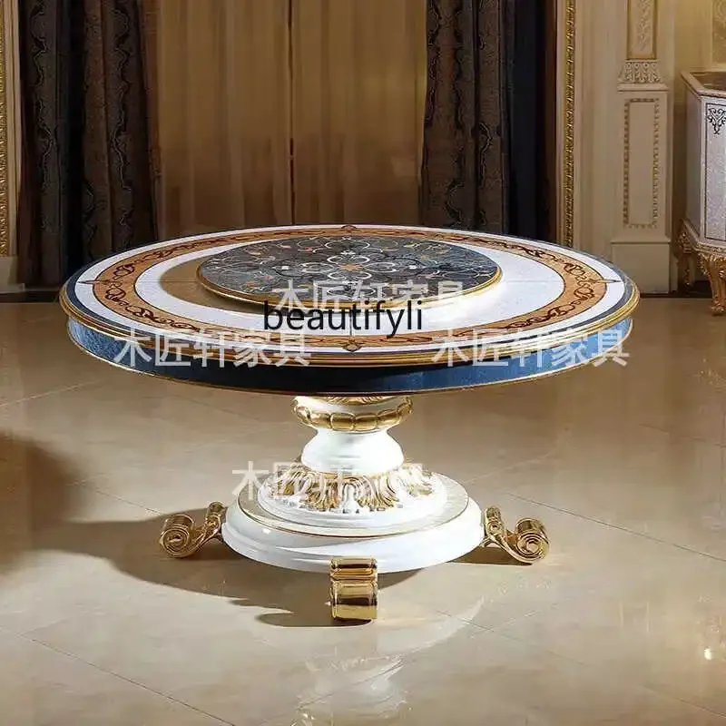 

B03 French sticker natural shell parquet dining table round household luxury dining table solid wood