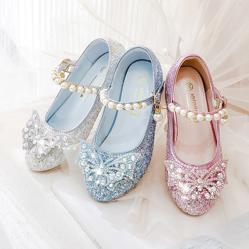 

Girls' High Heels Spring New Little Princess Pink Crystal Shoes Children's Walk Show Shoes Fashion Rhinestone Shoes
