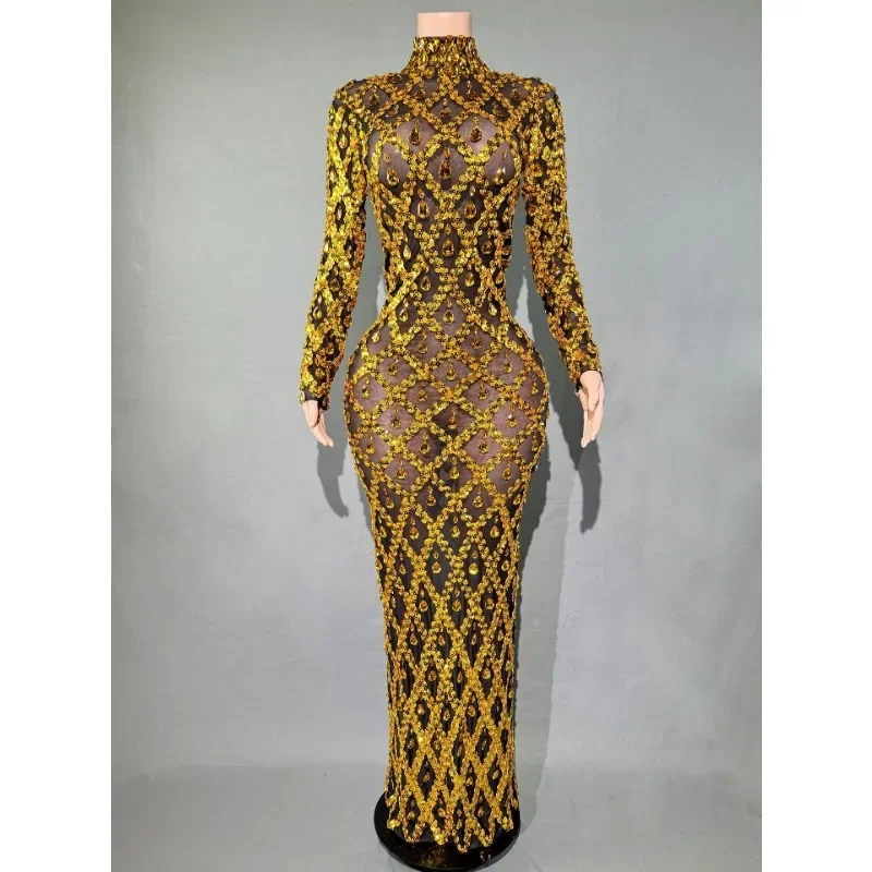 Vestido de strass brilhante personalizado para vestido de festa à noite feminino saia longa para performance de dança e vestido de competição