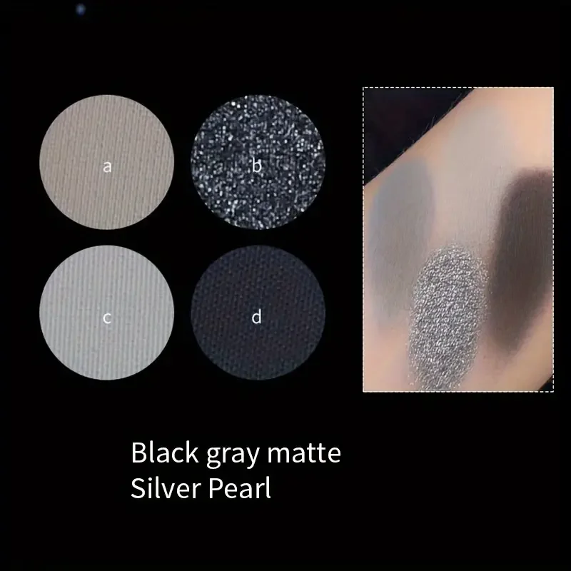 Paleta de Sombra Matte Pearl Glitter, Maquiagem Punk Smoky, Prata Cinza Preta, Maquiagem Festa de Halloween, 4 cores
