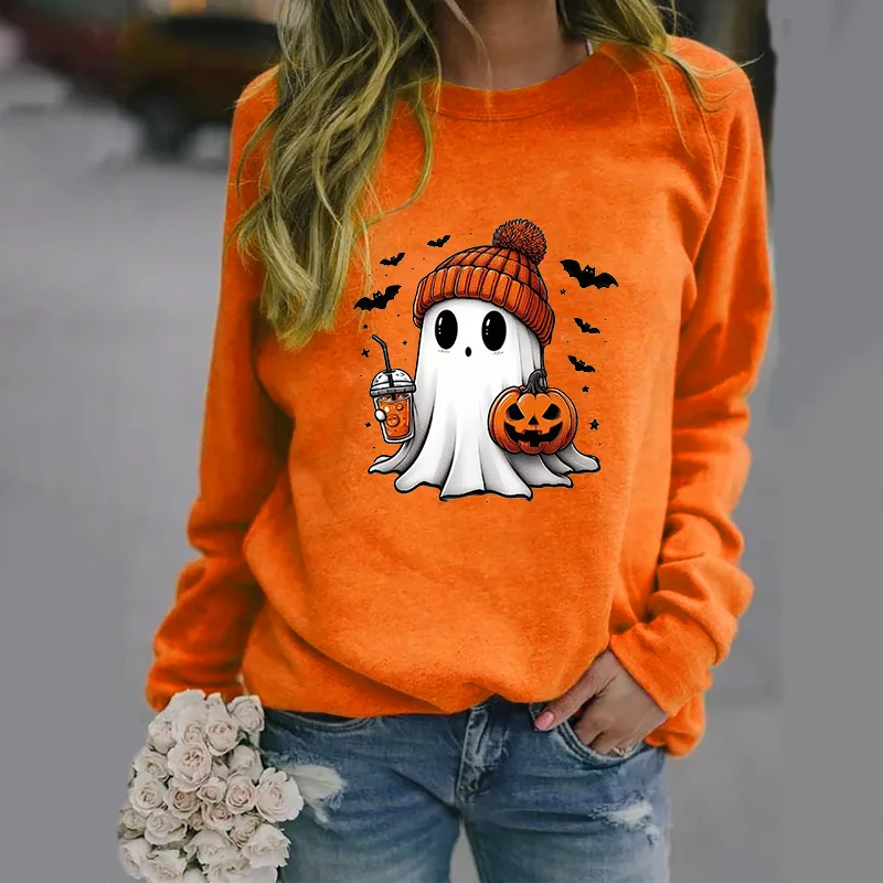 Cute Ghost Pattern Sweater Women\'s Casual Halloween Ghost Harajuku Pullover Fall Women\'s Tops