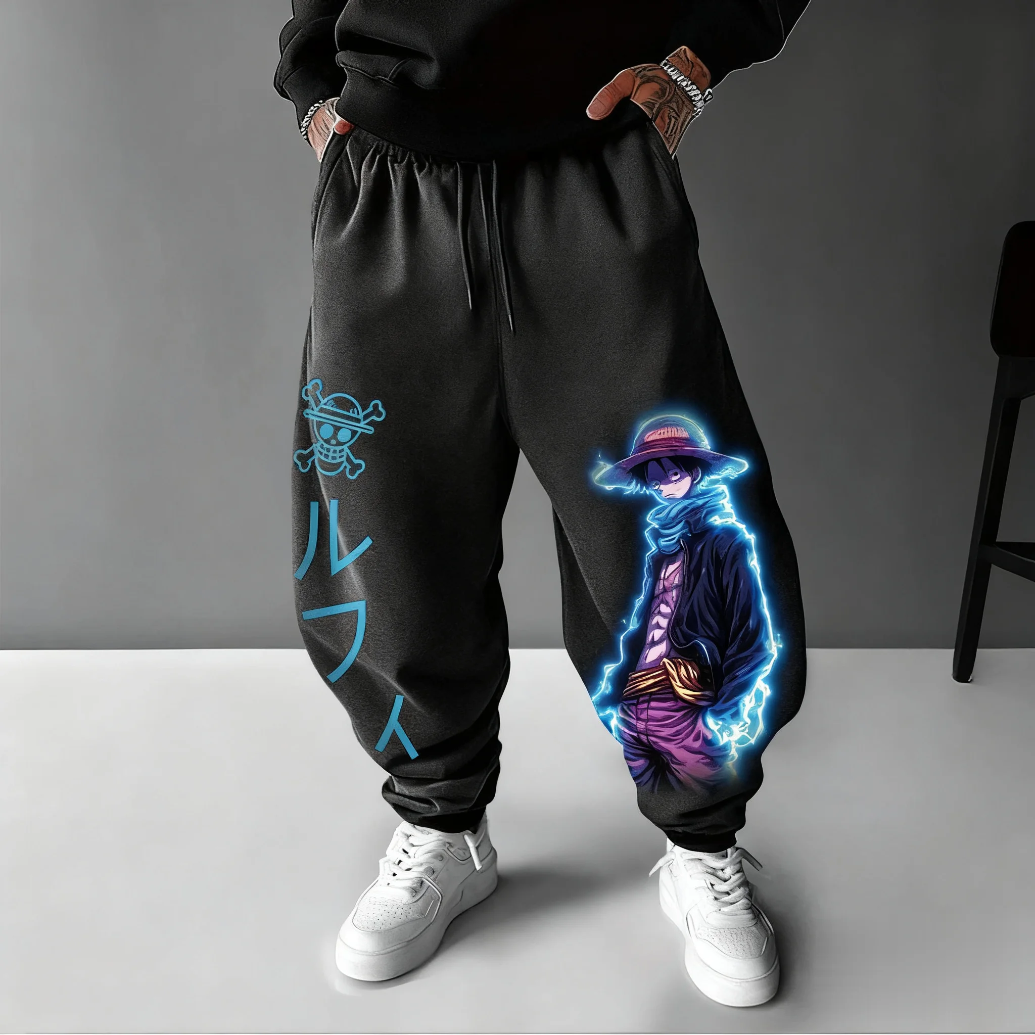 Uma peça anime luffy joggers calças masculinas casuais streetwear dos desenhos animados impresso calças hiphop moda verão outono moletom y2k