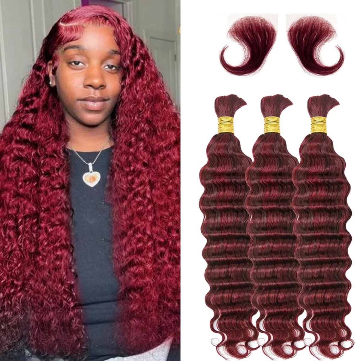 

99j Burgundy Bulk Human Hair For Braiding Deep Wave Human Hair Bundles No Weft Bundles For Women Hair Extensions
