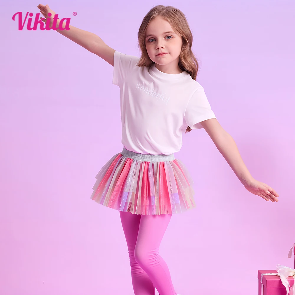 

VIKITA Girls Cotton Casual Skinny Pencil Pants Leggings Toddlers Trousers with Mesh Tulle Tutu Skirt Girls Daily School Pants