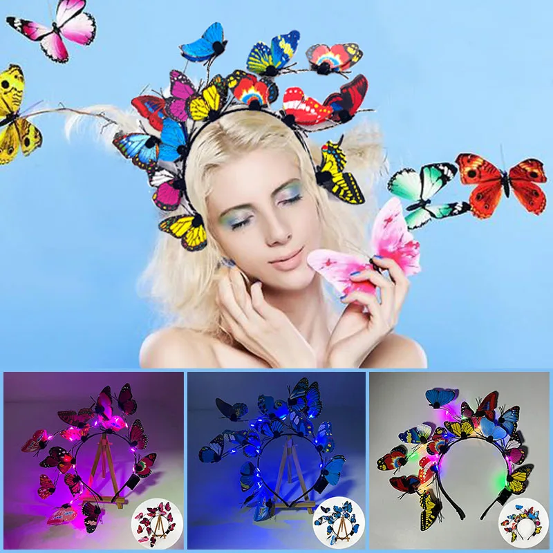 LED Butterfly Headband luminous Butterfly Hair Accessories Fascinator Butterfly Hat props for Women Halloween Chritmas Headpiece