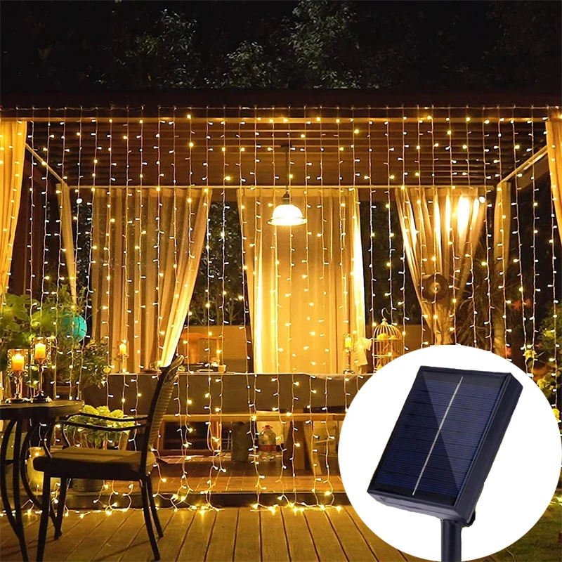 Solar Curtain Lights for Outdoor, Feriado, Guirlanda de Natal, Fairy Lights for Garden Party, Festival de casamento, Decoração de casa, 3m, 8 Modos