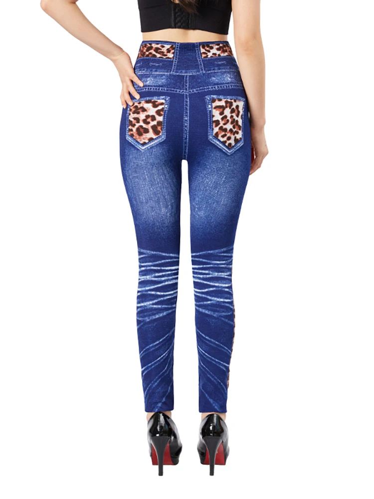 YRRETY New Leopard Bow Print Blue Jeans finti Stretch Slim Fit Jeggings pantaloni a matita in finto Denim Leggings da Yoga per allenamento a vita alta