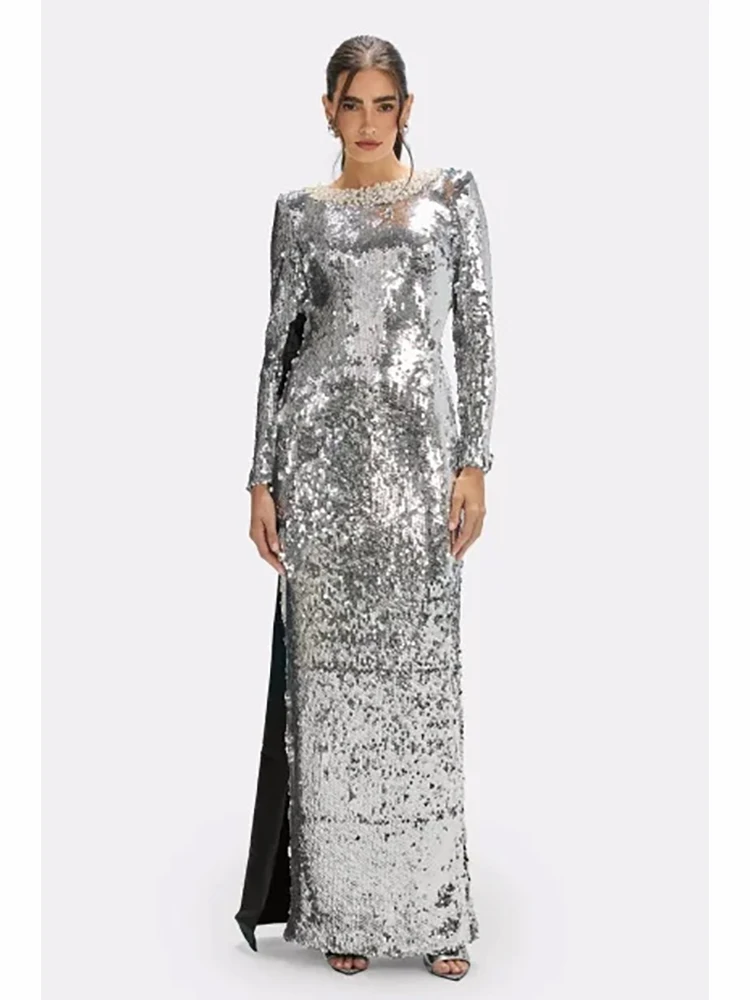 

Sexy O Neck Beaded Sparkly Sequins Long Dress Women Sliver Long Sleeves Backless Patchwok Bow Slim Dresses Evening Party Club