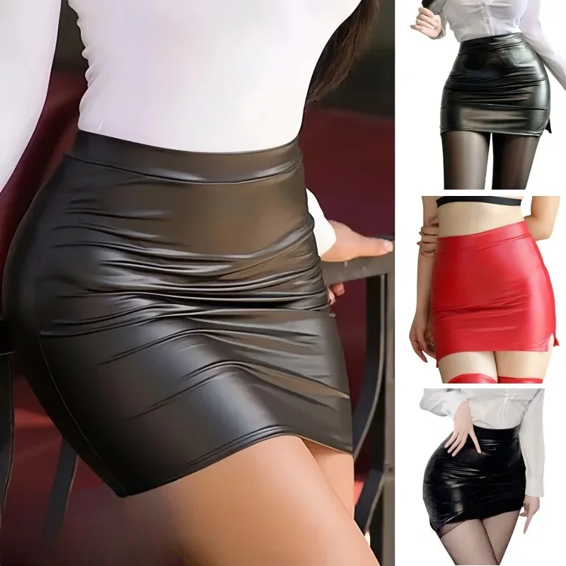 FREEAUCE Female Black Split Wrap Hip Short Mini Long Skirt Sexy High Waist Leather Skirts for Women Clothes Plus Size Summer