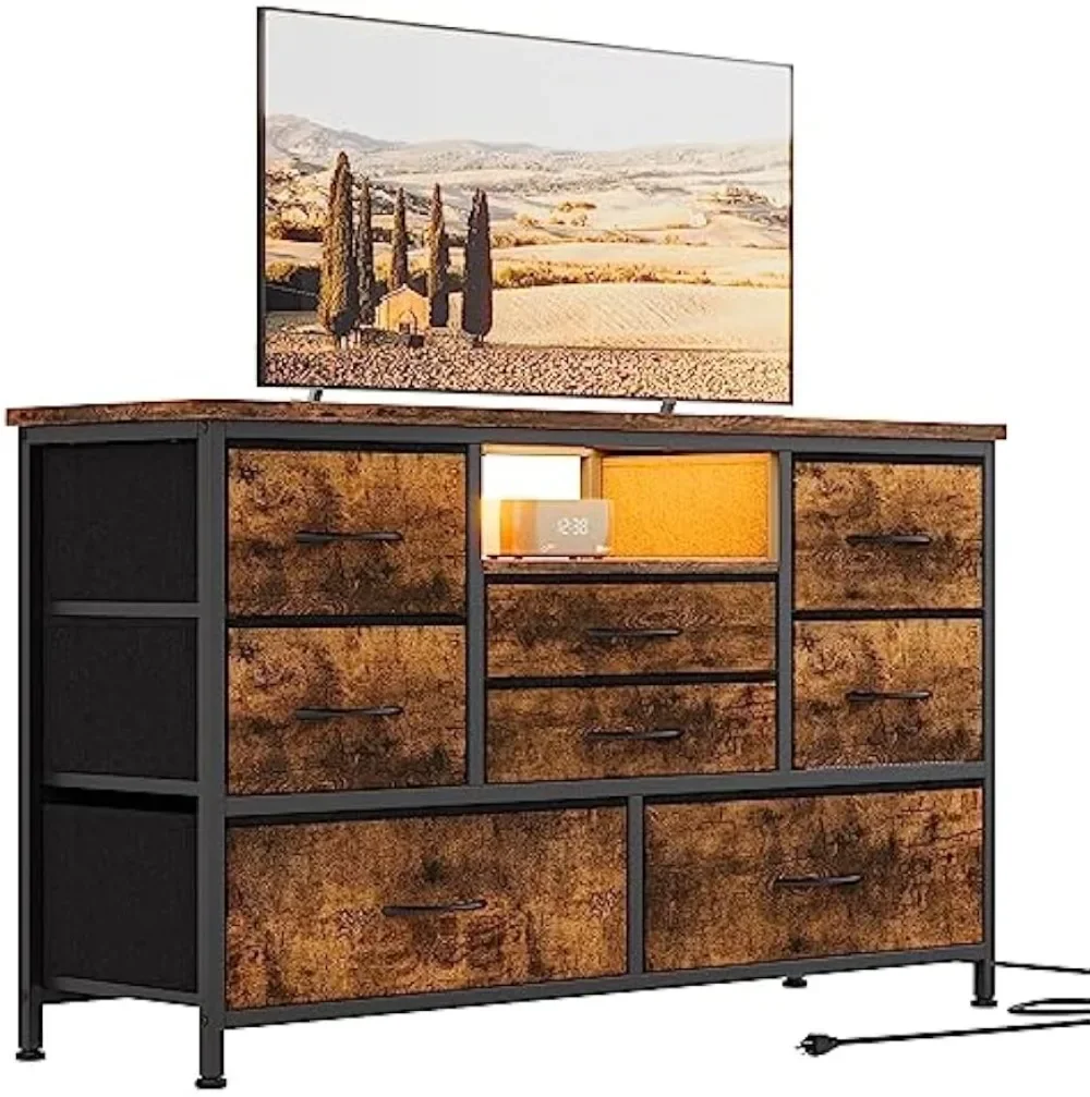 8 Dresser TV Stand with Power Outlet & LED for 55'' TV, Long for Bedroom with 8 Deep Drawers, Wide Console Table