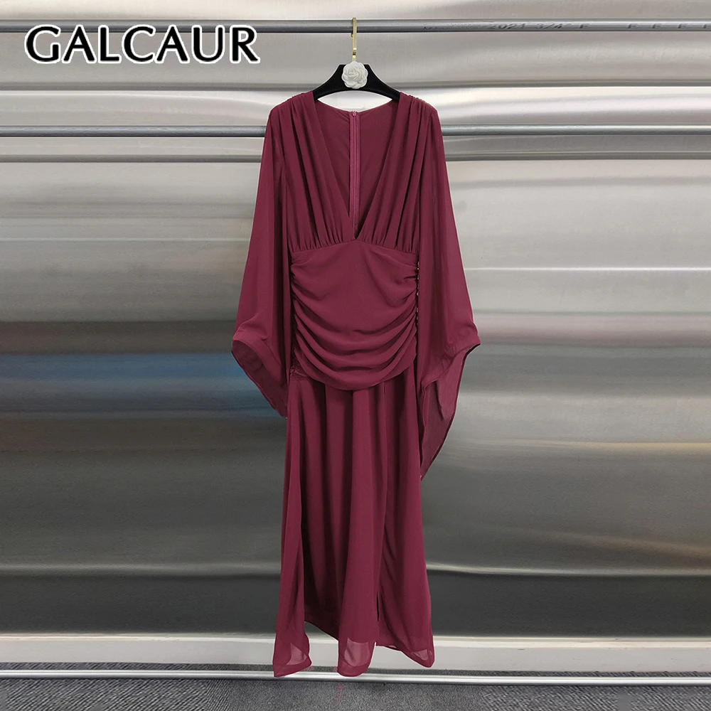 GALCAUR Solid Slimming Spliced Mesh Dress for Women V Neck Long Sleeves Patchwork Folds Elegant Dresses Female Fashion New Style
