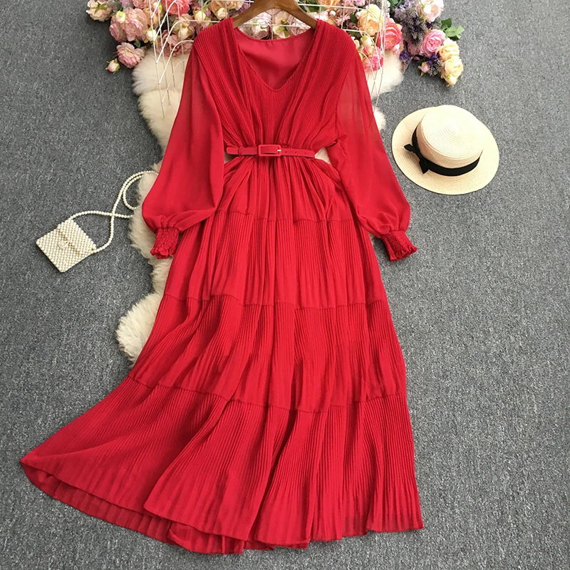 Imagem -06 - Verão Chiffon Vestido Longo para Mulher Plissado Dobras Patchowrok Manga Completa Vintage Robe Vermelho Laranja Preto Vestidos de Trifefemenino