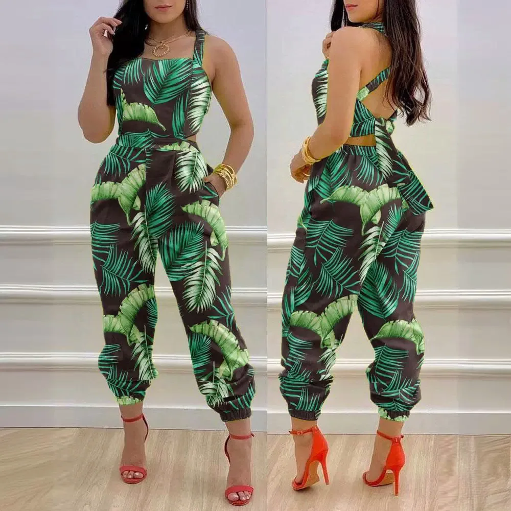 Summer New Jumpsuit Suspender Backless Bow Printed Jumpsuit Elegant High Waist Jumpsuit For Women