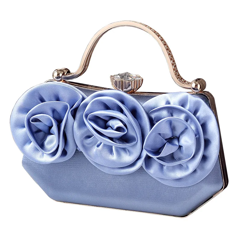 

Elegant 3D Rose Evening Clutch Bag for Women - Rhinestone Embellished Satin Party Purse with Chain Strap Multiple Colors