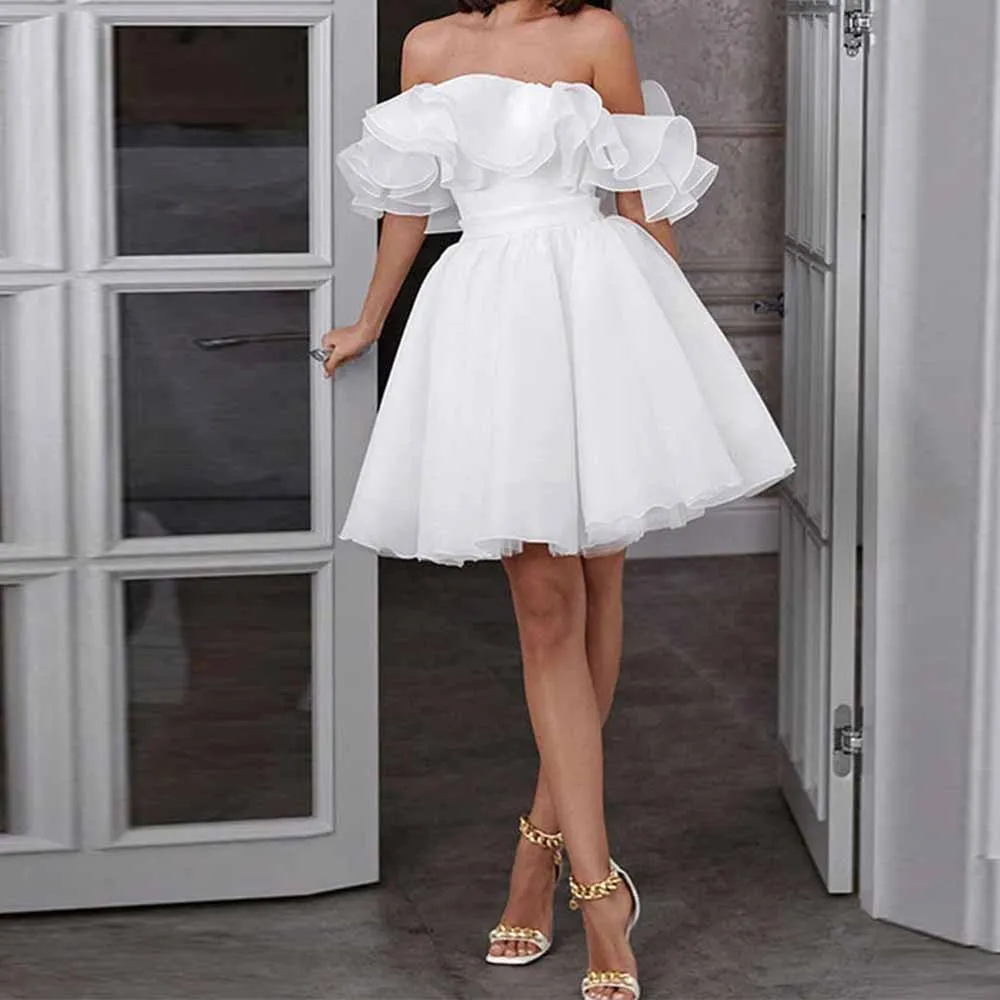 

Short Bridal Gowns Classy 2025 Net A-line Wedding Party Dress White Off-the-shoulder Ruched Ruffles Women's Wedding Dress Mini