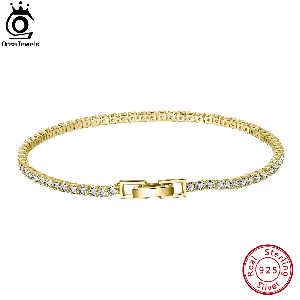 

ORSA JEWELS 2 3 4MM Zirconia Tennis Chain Bracelet 925 Sterling Silver 14K Gold Plated Men Women Bangle Jewelry Gift SB91-14K