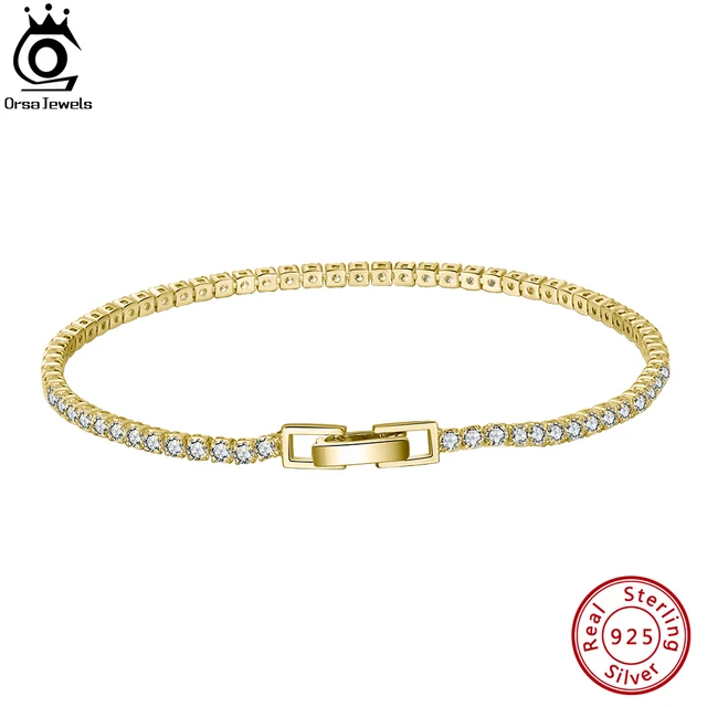 ORSA JEWELS 2 3 4MM cyrkonu tenis łańcuch bransoletka 925 srebro 14K pozłacane mężczyźni kobiety bransoletka Bangle na prezent SB91-14K