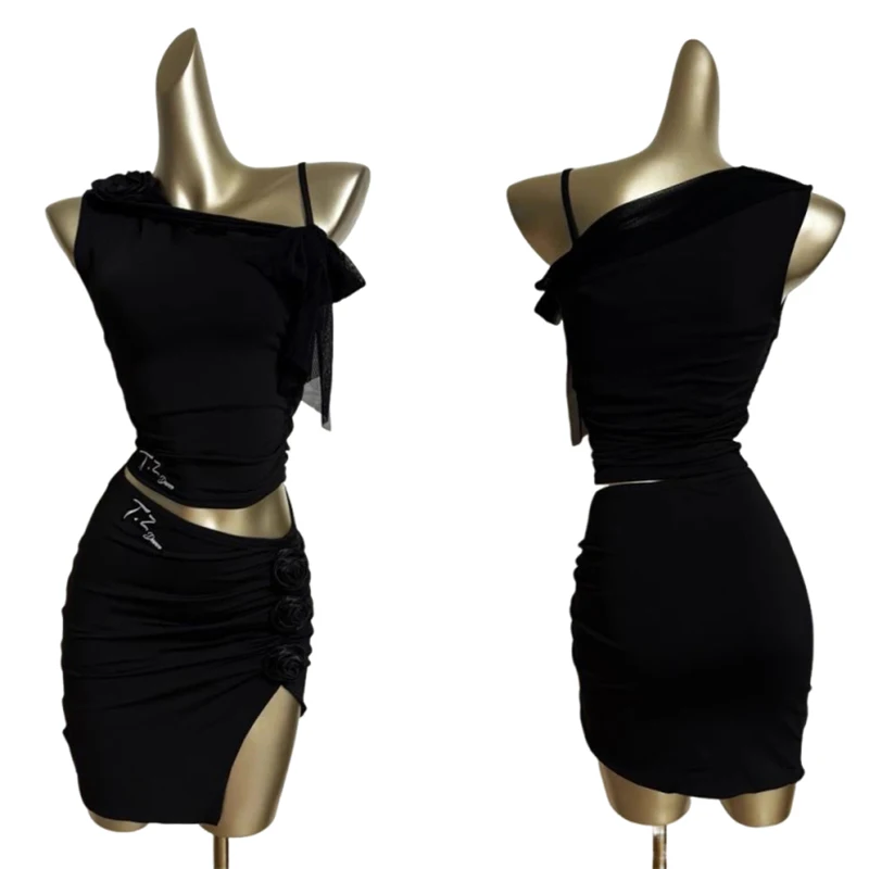 New Latin Dance Dress For Women Sloping Shoulder Top Skirt Practice Clothes Chacha Samba Latin Dance Competition Dress DQL11463