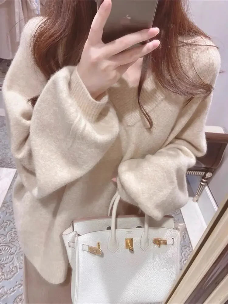 

Loose Lantern Sleeve Hoodie Knitted Outerwear Thickened Winter Polyester Ladies' New Autumn Winter Sheep Cashmere V-neck Sweater