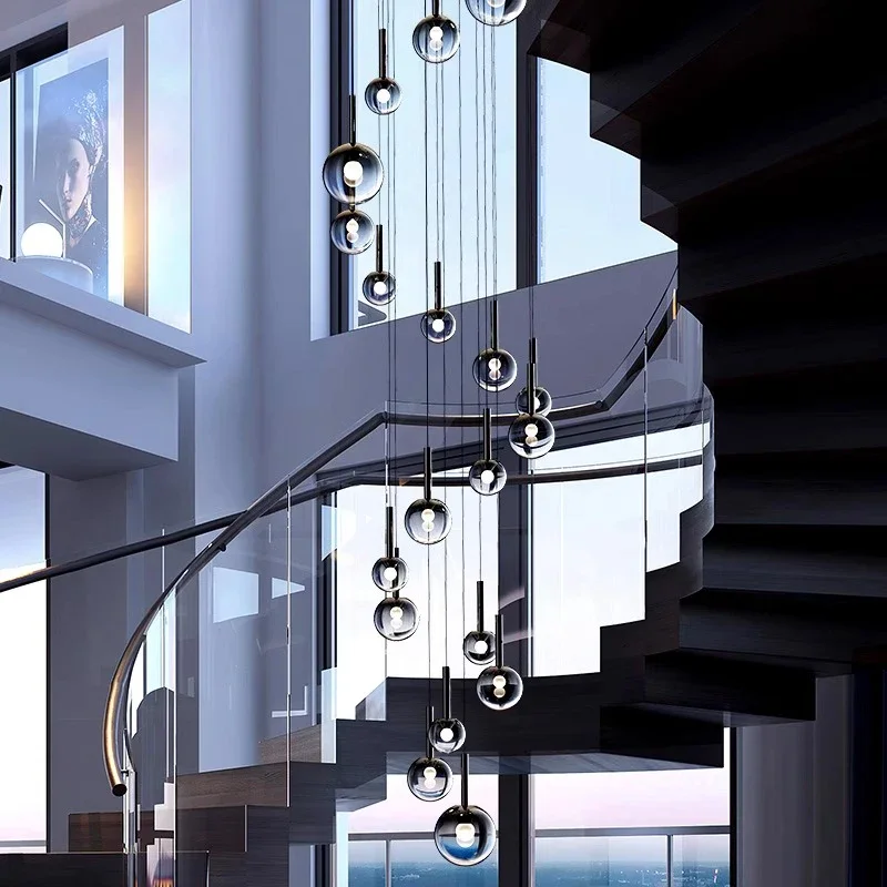 

2025 Modern Black Transparent Bubble ball glass LED chandelier Double staircase Office Living room lamp Decoration