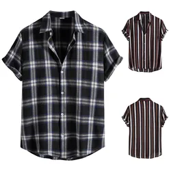 Men's Casual Linen Shirts Plaid Strip Solid Color Long Sleeve Button Up Regular Fit Business Shirt For Men Clothes Casual