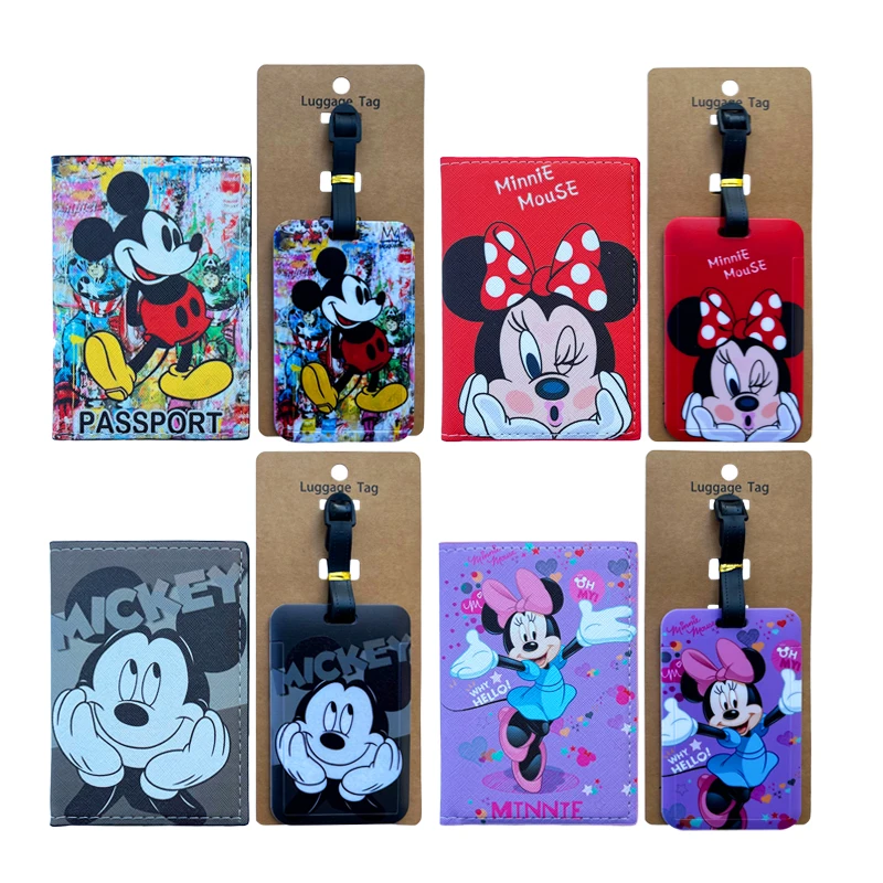 Porta pasaporte y etiquetas de equipaje de Minnie de Disney, funda para pasaporte de viaje, etiqueta de equipaje, tarjetero de identificación