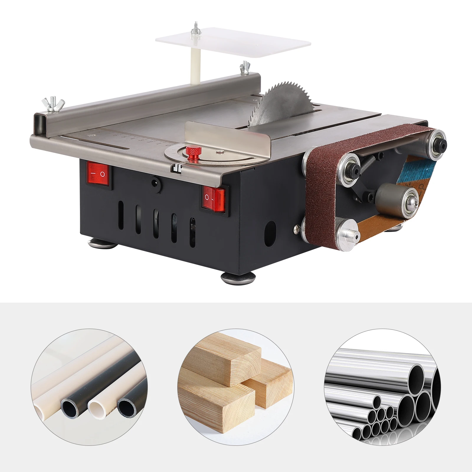 2-in-1 200W Mini Table Saw with Belt Sander, Multifunctional Circular Table Saw 10000r/min with 4 Sharp Saw Blades