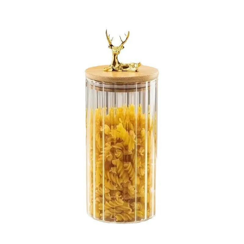 Nordic Transparent Glass Jar High Borosilicate Glass Grain Storage Jar Golden Deer Head Bamboo Cover Dried Fruit Storage Jar