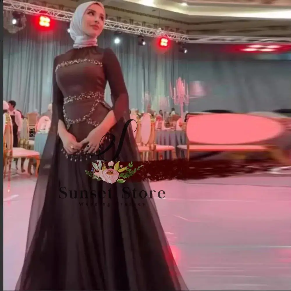 

Customized Brown Cape Sleeve Muslim Evening Dresses High Neck Full Sleeves Formal Abiye Gown A Line Chiffon Islamic Maxi Dress