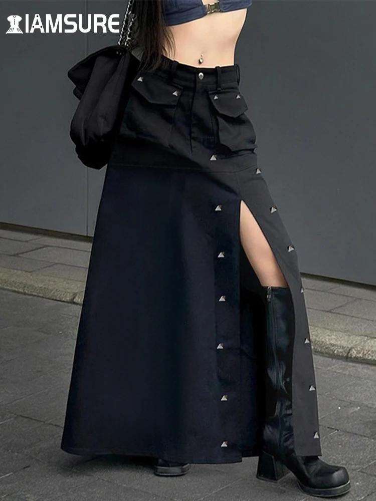 

IAMSURE Gothic Pockets Rivet Split Skirt Dark Solid Mid-Waisted A-Line Maxi Skirts Women 2023 Autumn Winter Fashion Streetwear