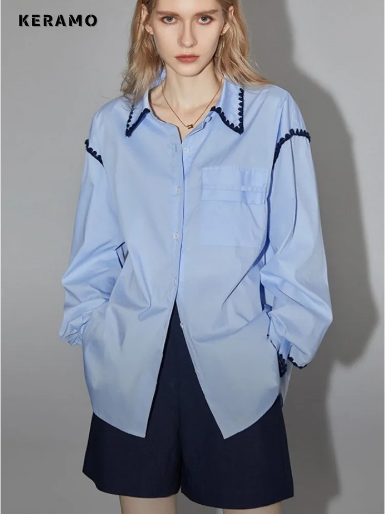 2024 Summer Lady Casual Style Turn-down Collar Blue Blouses Korean Women\'s Chic Single Breasted Loose Fit Long Sleeve Shirts