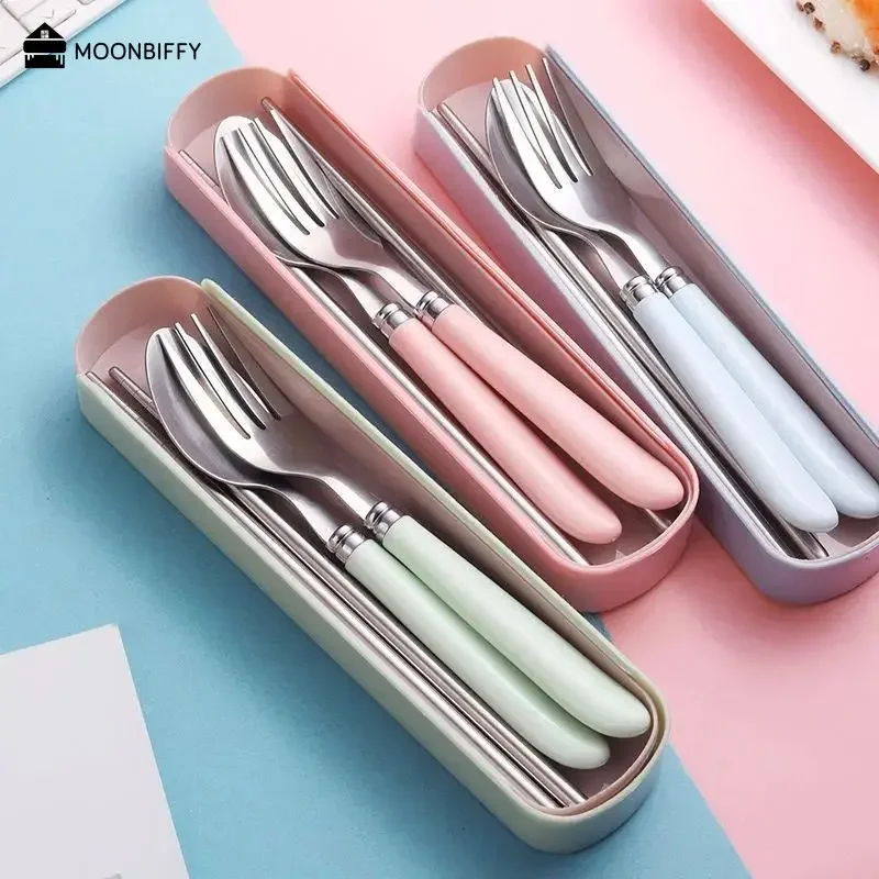 410 Stainless Steel Chopsticks Tableware Portable Fork Spoon Student Office Worker Three-piece Cute Storage Box cutlery set