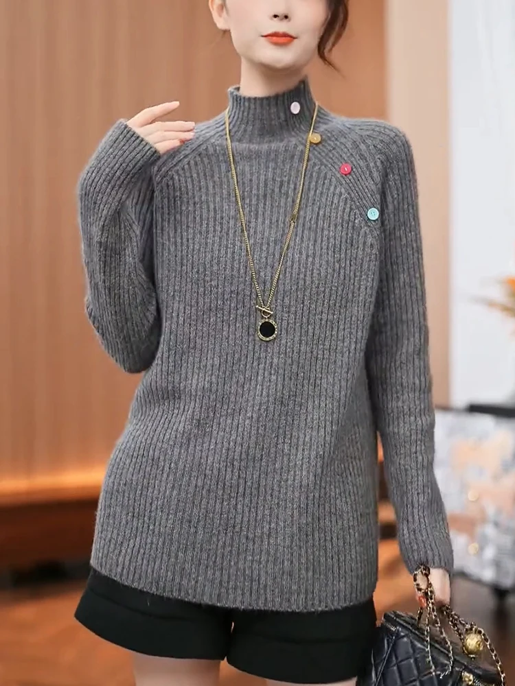 

Ay Вязаный свитер средней длины Thiened с высоким воротником в вертикальную полоску, модный топ на осень-зиму, большие размеры для женщин...