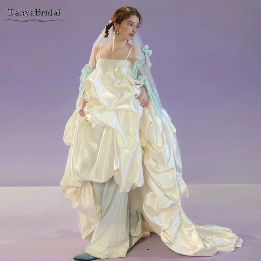 

Spaghetti Satin Wedding Dress ,Lovely Ruffles Boho Bridal Gowns DW1082