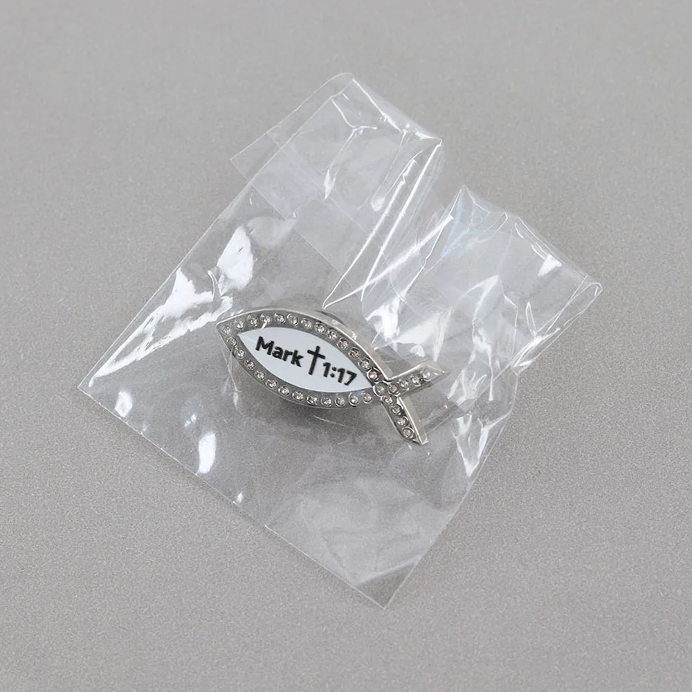 Strass-Brosche mit christlichem Jesus-Fisch, Mark 1:17 Bibelvers, Ichthys Metall-Abzeichen, religiöse Accessoires, Dekoration für Rucksack und Kleidung – Detail 9