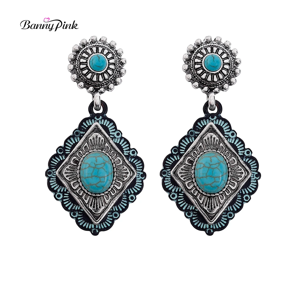 Banny Pink Bohemia Turquoises Earrings Indian Stone Statement Stud Earrings Gypsy Women Geo Earrings Gift Tribal Metal Earrings