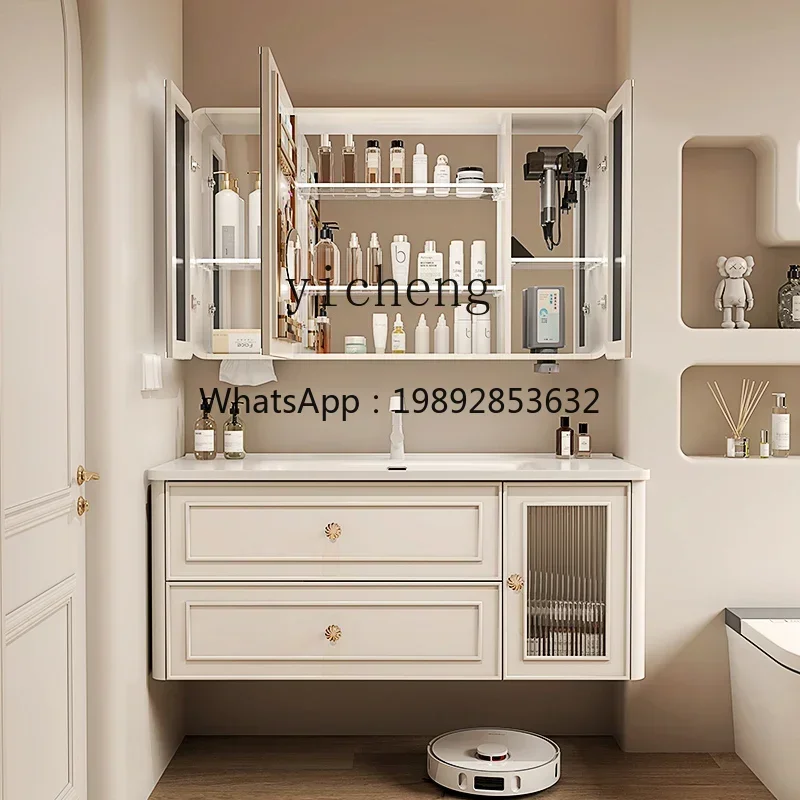 

integrated ceramic basin, bathroom cabinet combination, beauty mirror, bathroom, rounded corner washstand