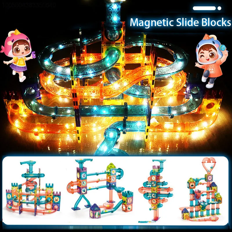 Bloques magnéticos LED para niños, pista de construcción, Bola de cuentas, juguetes de construcción, competición, correr, bloques de construcción de