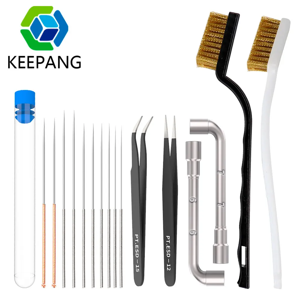 

16pcs 3D Printer Nozzle Cleaning Kit 0.15-0.5mm Cleaning Needles Copper Wire Brush Wrench Tweezers For MK8 E3D Nozzles