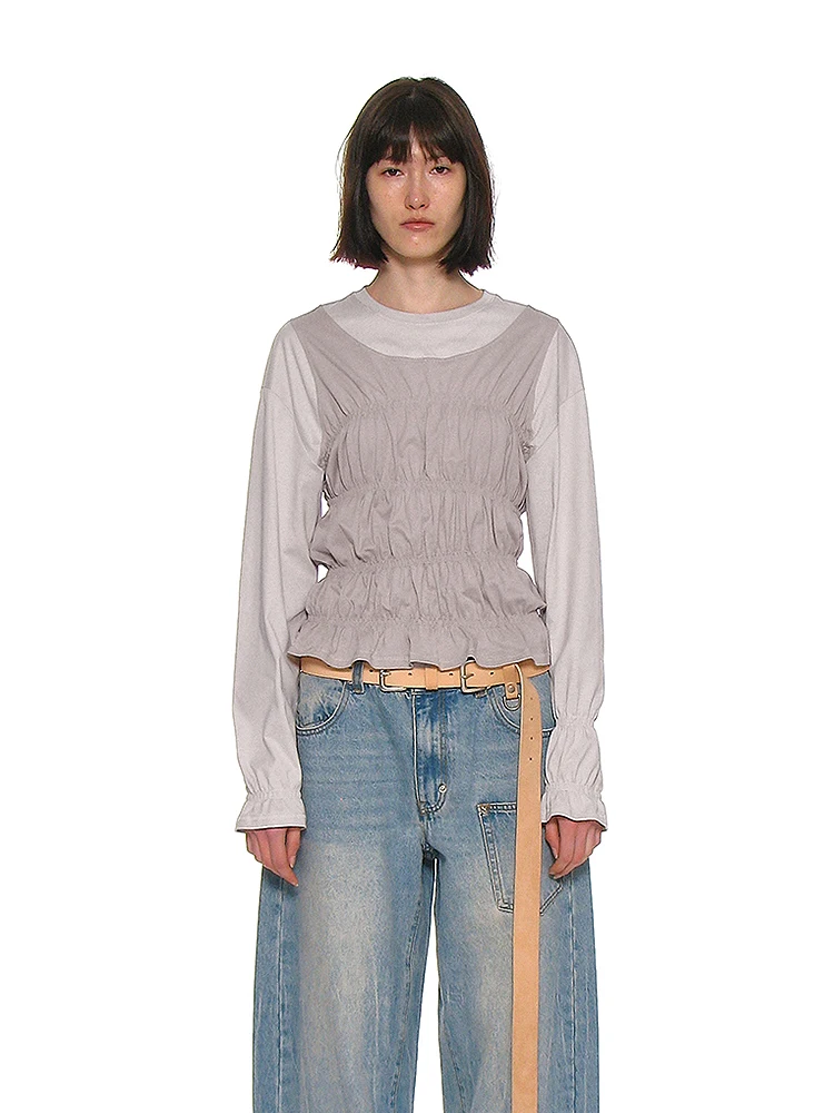 

Casual Fit Long Sve T-irt round Ne Gathered Waist One-Piece High Elastici Color Blo Waist-Cinching Top for Women