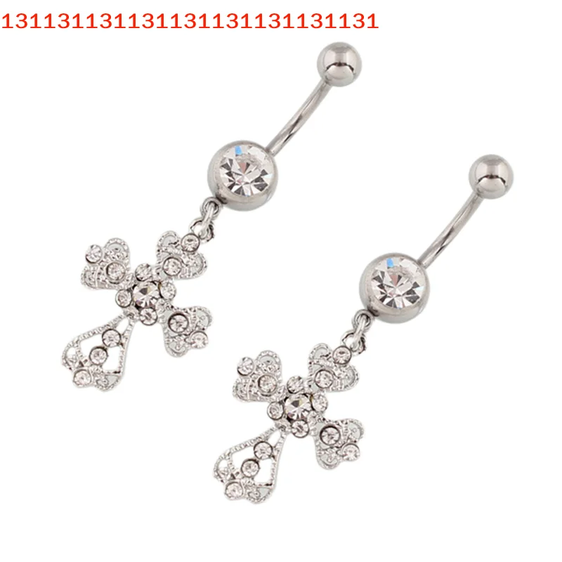 Women's Stainless Steel Cross Pendant Navel Nail with Crystal Rhinestones Fashion Belly Button Ring Sexy Body Piercing Jewelry