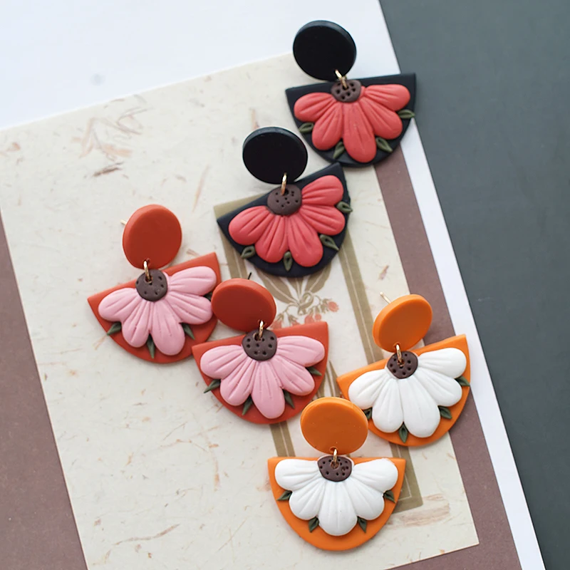 Spring Vintage Ethnic Polymer Clay Sector Half Flower Earrings Set Bright Multi Colors Handmade Dangle Jewelry for Party Wear