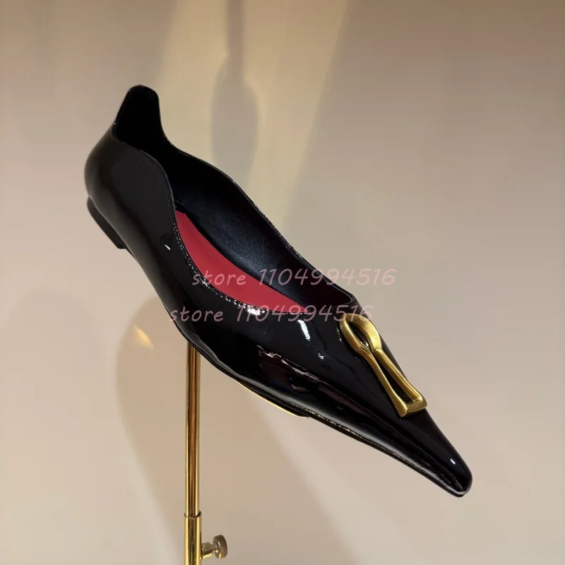 

Gold Keyhole Patent Leather Pointed Flat Shoes Women Black Suede Shallow Single Shoes Sexy Fashion Slip On Lady Footwear New In